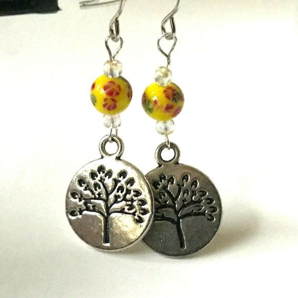 Celtic Tree of Life Murano Bead Earrings Yellow Red Silver Plated Vintage Beads - Picture 4 of 8